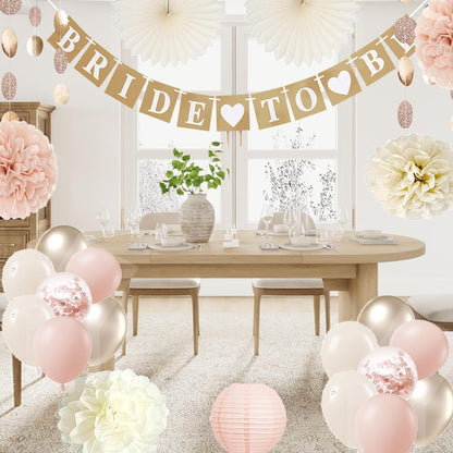 Bachelorette Decorations White Champagne-gold - Bridal Shower Party Decors with Wedding Balloons Rustic Bride to Be Banner Paper Flowers Fans (Dusty Pink + Champagne Gold)