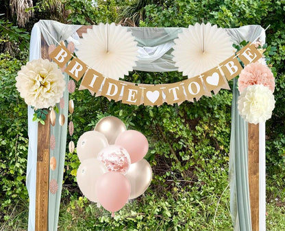 Bachelorette Decorations White Champagne-gold - Bridal Shower Party Decors with Wedding Balloons Rustic Bride to Be Banner Paper Flowers Fans (Dusty Pink + Champagne Gold)