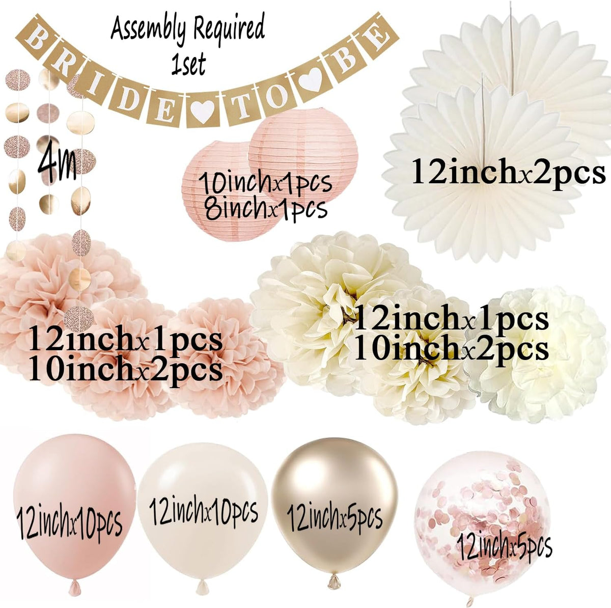 Bachelorette Decorations White Champagne-gold - Bridal Shower Party Decors with Wedding Balloons Rustic Bride to Be Banner Paper Flowers Fans (Dusty Pink + Champagne Gold)