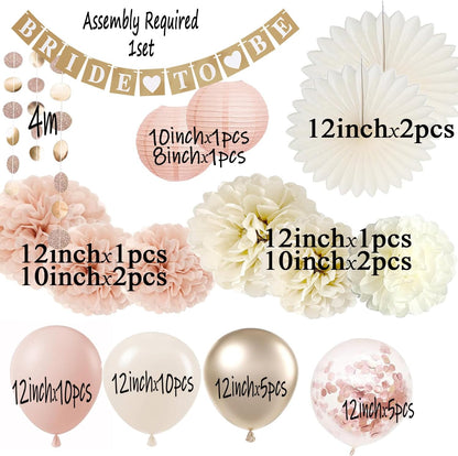 Bachelorette Decorations White Champagne-gold - Bridal Shower Party Decors with Wedding Balloons Rustic Bride to Be Banner Paper Flowers Fans (Dusty Pink + Champagne Gold)