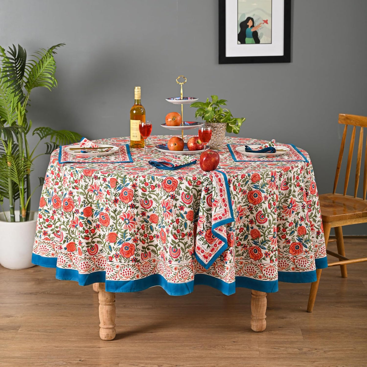 Hand Block Printed Cotton Tablecloth – Elegant Floral Design Perfect for Dining Table Kitchen Parties Home Decor, Wall Tapestry (Peach Floral, 4 Seater 60 Inches Round)