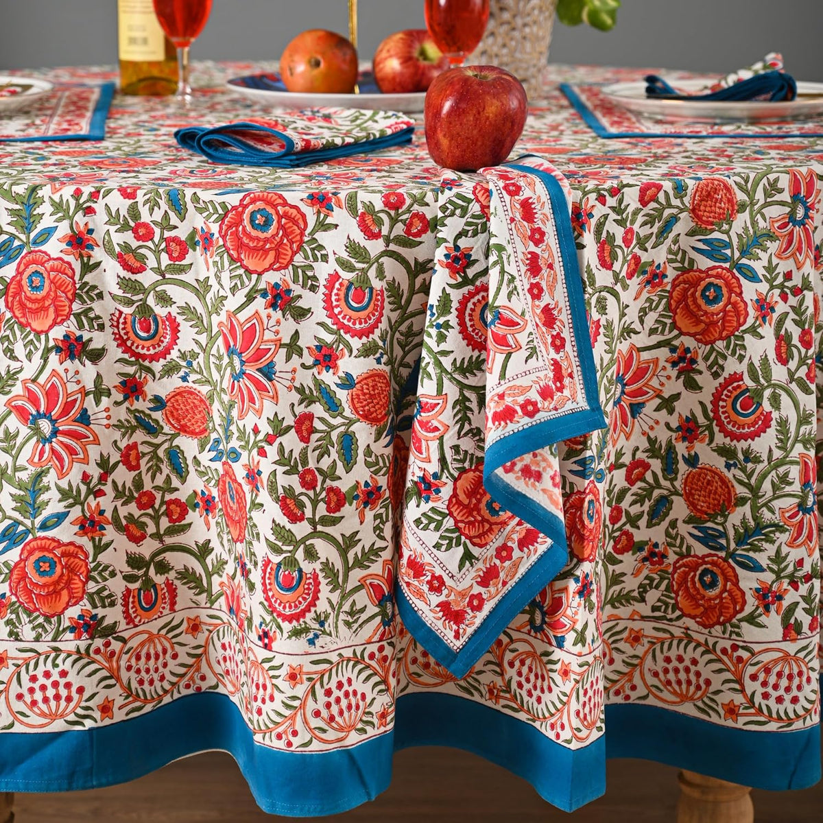 Hand Block Printed Cotton Tablecloth – Elegant Floral Design Perfect for Dining Table Kitchen Parties Home Decor, Wall Tapestry (Peach Floral, 4 Seater 60 Inches Round)