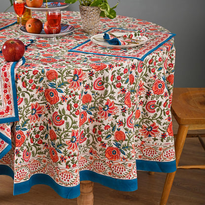 Hand Block Printed Cotton Tablecloth – Elegant Floral Design Perfect for Dining Table Kitchen Parties Home Decor, Wall Tapestry (Peach Floral, 4 Seater 60 Inches Round)