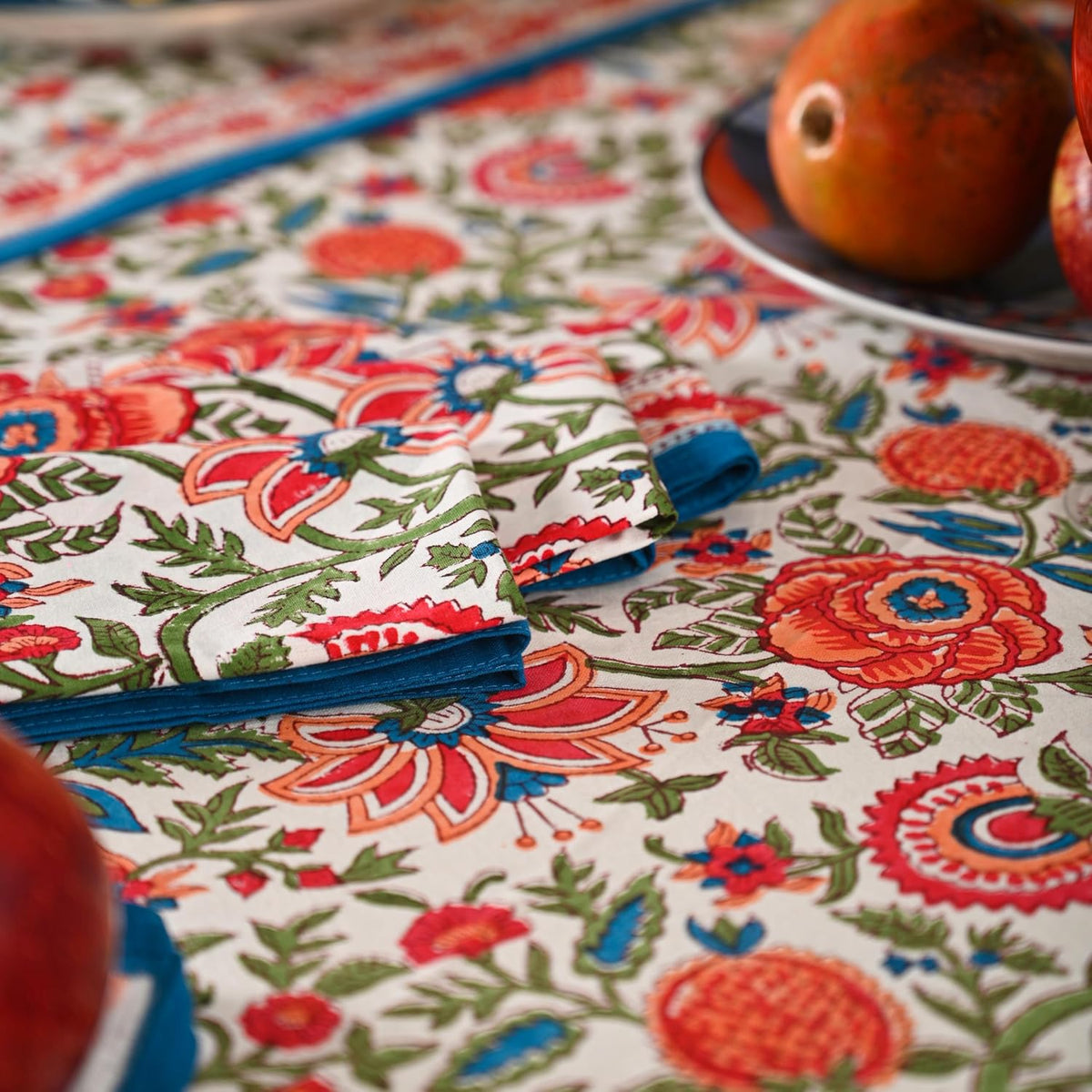 Hand Block Printed Cotton Tablecloth – Elegant Floral Design Perfect for Dining Table Kitchen Parties Home Decor, Wall Tapestry (Peach Floral, 4 Seater 60 Inches Round)
