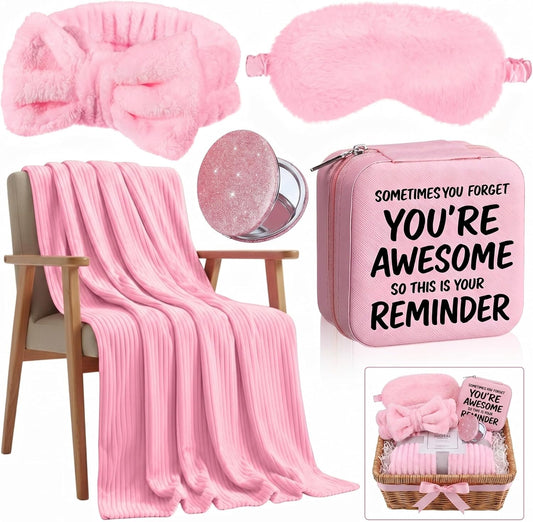 5 Pcs Pink Birthday Gifts for Women Inspirational Gift Set Fluffy Blanket You Are Awesome Jewelry Box Compact Mirror Headband Eye Mask Self Care for Women Mother Friend Birthday Pink Gift Box