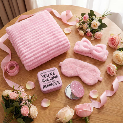 5 Pcs Pink Birthday Gifts for Women Inspirational Gift Set Fluffy Blanket You Are Awesome Jewelry Box Compact Mirror Headband Eye Mask Self Care for Women Mother Friend Birthday Pink Gift Box