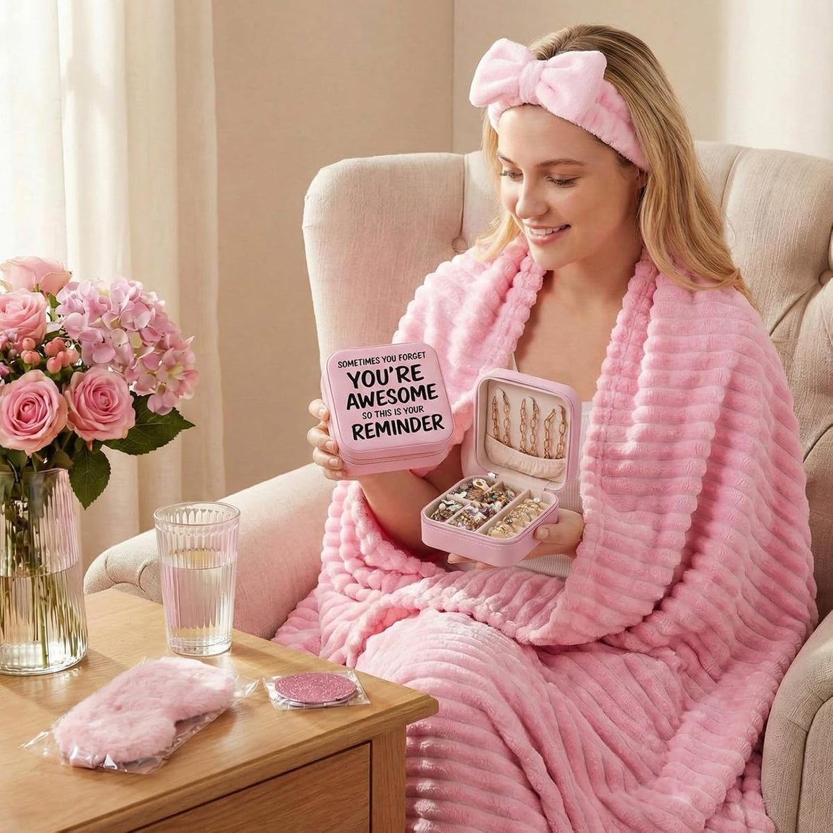 5 Pcs Pink Birthday Gifts for Women Inspirational Gift Set Fluffy Blanket You Are Awesome Jewelry Box Compact Mirror Headband Eye Mask Self Care for Women Mother Friend Birthday Pink Gift Box