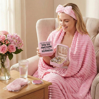 5 Pcs Pink Birthday Gifts for Women Inspirational Gift Set Fluffy Blanket You Are Awesome Jewelry Box Compact Mirror Headband Eye Mask Self Care for Women Mother Friend Birthday Pink Gift Box