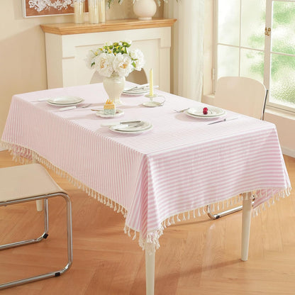 Striped Square Tablecloth, Cotton Blend Fabric Pink Table Cloth with Tassel, Washable Wrinkle Free Table Cover Cute Small Tablecloths for Mahjong Card Coffee Tables and Outdoor - 55 x 55 Inch