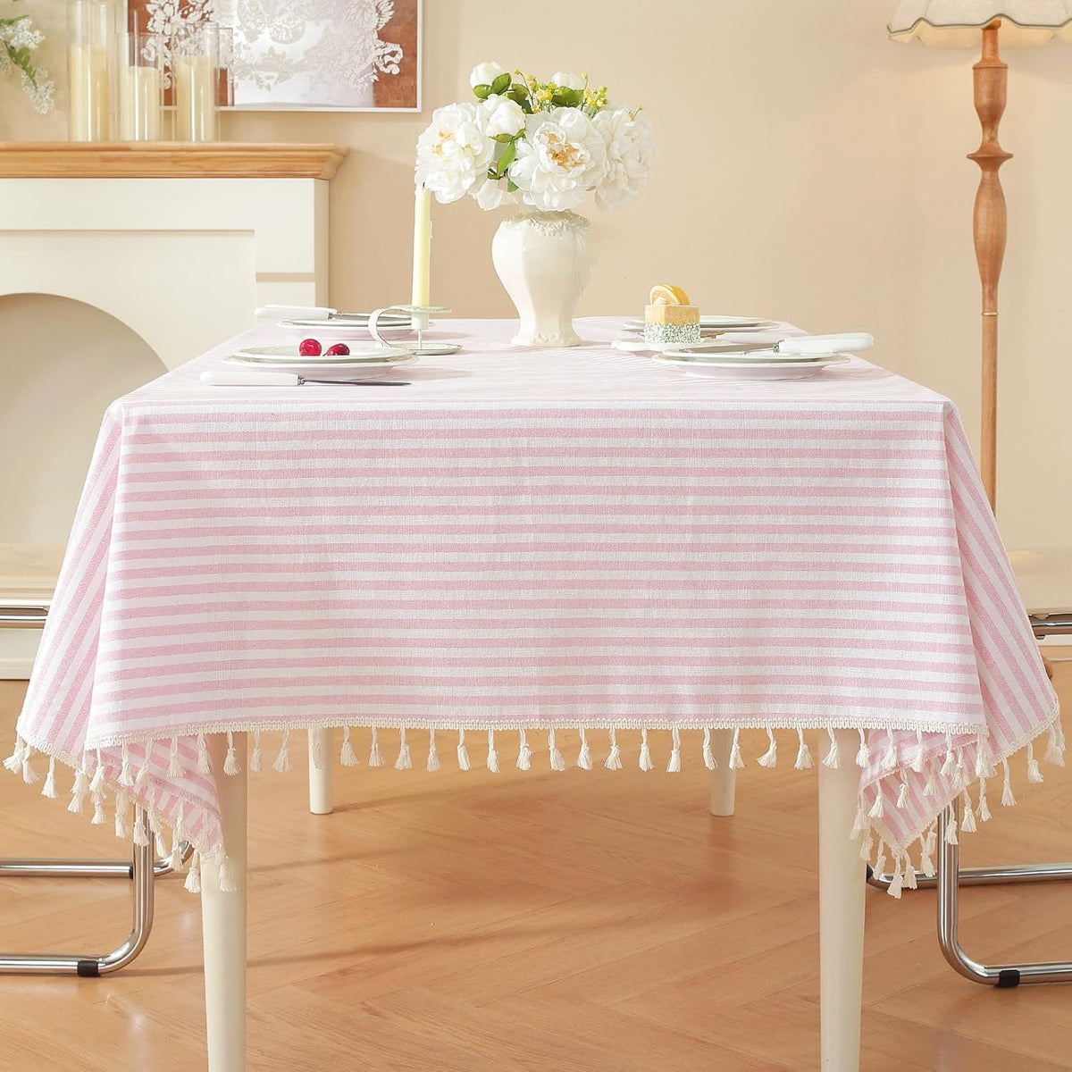 Striped Square Tablecloth, Cotton Blend Fabric Pink Table Cloth with Tassel, Washable Wrinkle Free Table Cover Cute Small Tablecloths for Mahjong Card Coffee Tables and Outdoor - 55 x 55 Inch