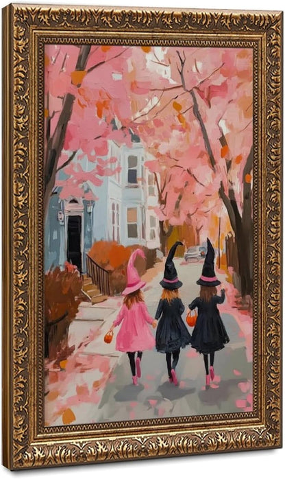 Trick or Treat Canvas Print Three Girls Pink Halloween Witch Art Whimsical Cute Wall Decor Spooky Fall Painting Retro Gold Framed Artwork for Living Room Bedroom Office Seasonal Home Decor 8"x12"