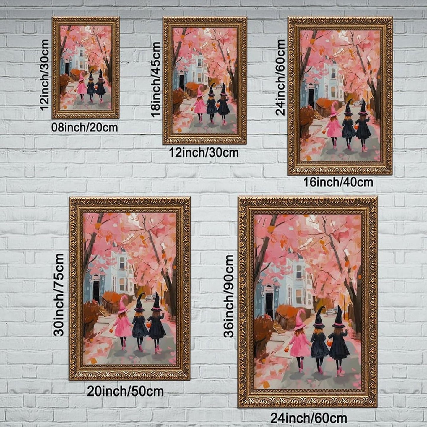 Trick or Treat Canvas Print Three Girls Pink Halloween Witch Art Whimsical Cute Wall Decor Spooky Fall Painting Retro Gold Framed Artwork for Living Room Bedroom Office Seasonal Home Decor 8"x12"