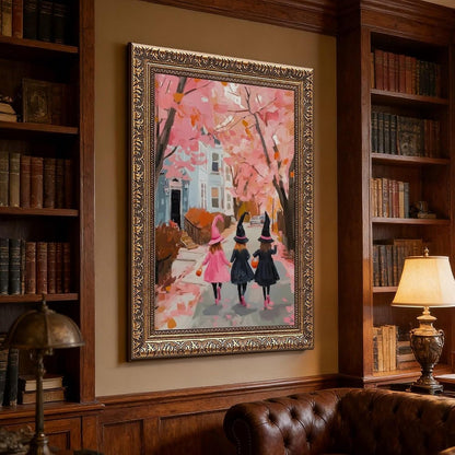 Trick or Treat Canvas Print Three Girls Pink Halloween Witch Art Whimsical Cute Wall Decor Spooky Fall Painting Retro Gold Framed Artwork for Living Room Bedroom Office Seasonal Home Decor 8"x12"
