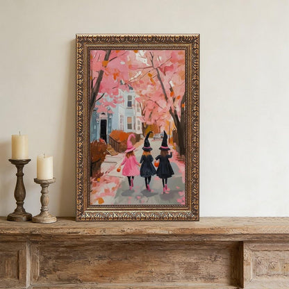Trick or Treat Canvas Print Three Girls Pink Halloween Witch Art Whimsical Cute Wall Decor Spooky Fall Painting Retro Gold Framed Artwork for Living Room Bedroom Office Seasonal Home Decor 8"x12"