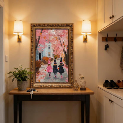 Trick or Treat Canvas Print Three Girls Pink Halloween Witch Art Whimsical Cute Wall Decor Spooky Fall Painting Retro Gold Framed Artwork for Living Room Bedroom Office Seasonal Home Decor 8"x12"