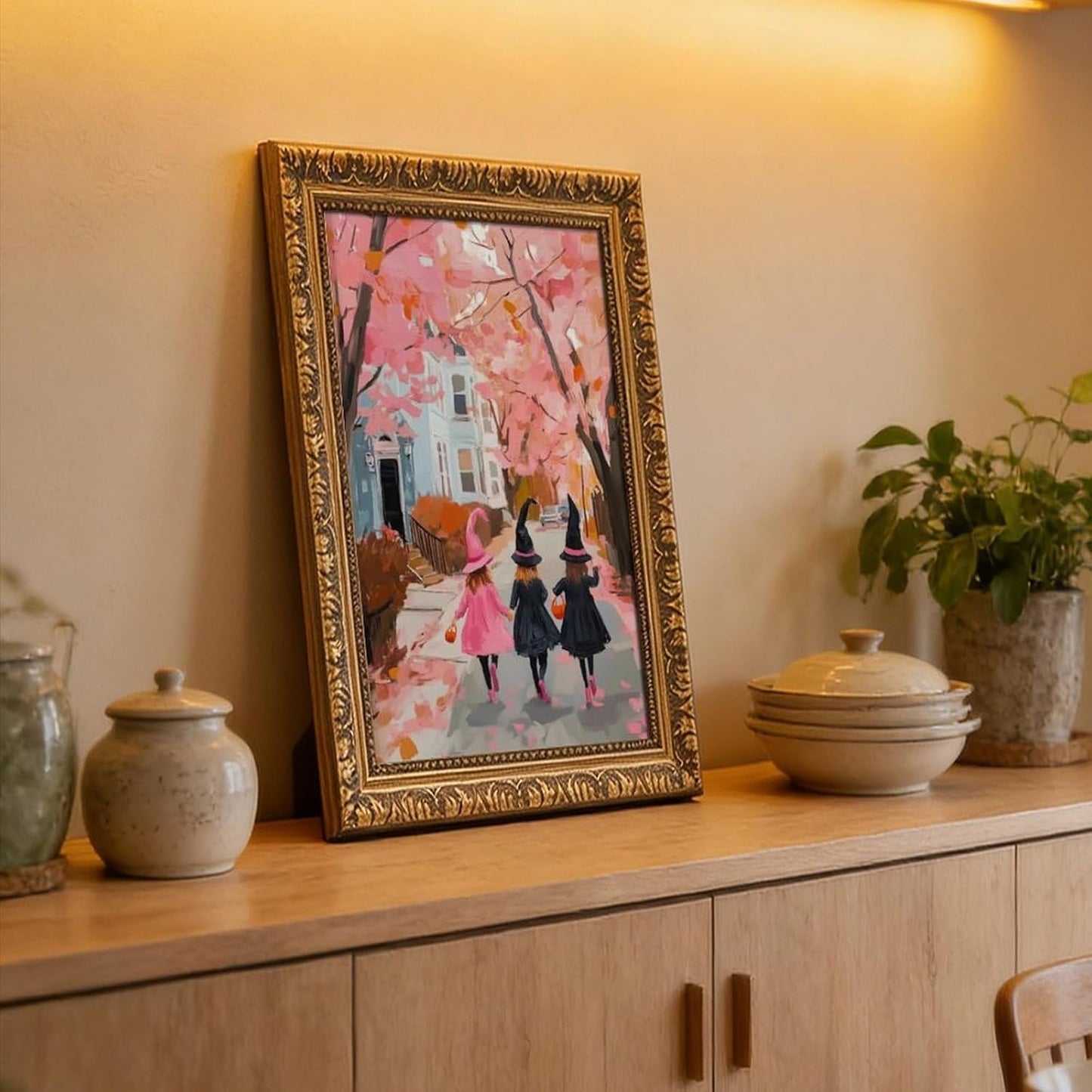 Trick or Treat Canvas Print Three Girls Pink Halloween Witch Art Whimsical Cute Wall Decor Spooky Fall Painting Retro Gold Framed Artwork for Living Room Bedroom Office Seasonal Home Decor 8"x12"