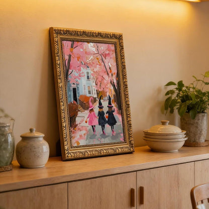 Trick or Treat Canvas Print Three Girls Pink Halloween Witch Art Whimsical Cute Wall Decor Spooky Fall Painting Retro Gold Framed Artwork for Living Room Bedroom Office Seasonal Home Decor 8"x12"