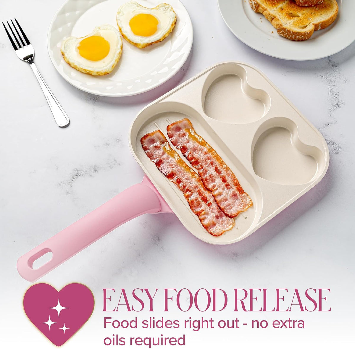 Paris Hilton Ceramic Nonstick Divided Skillet with Heart-Shaped Sections and Grill Plate, Cast Aluminum, Dishwasher Safe, 8-Inch, Pink