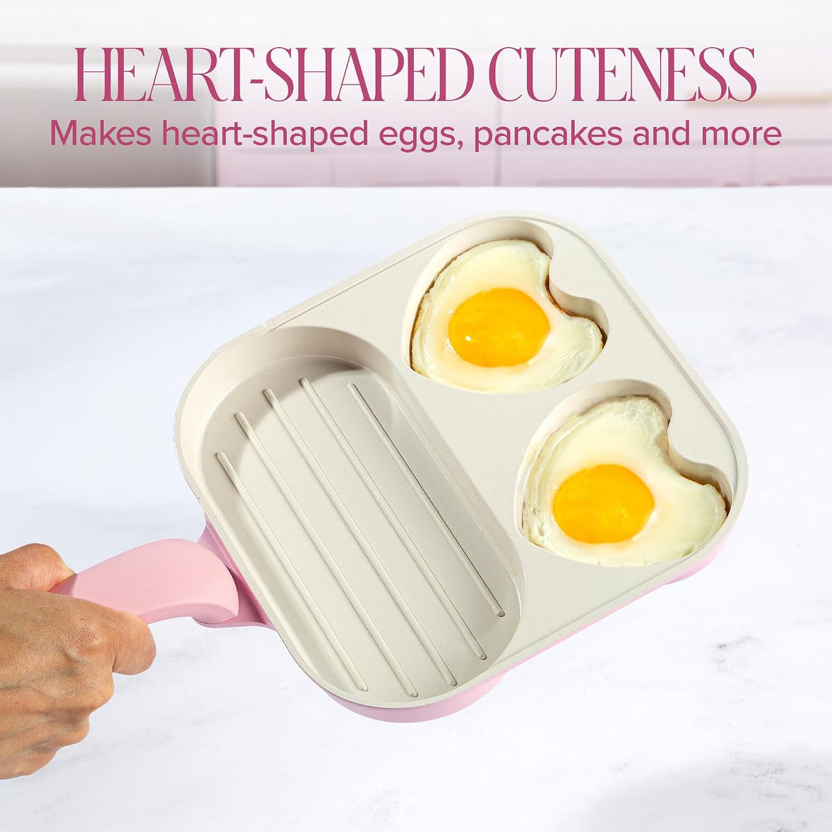 Paris Hilton Ceramic Nonstick Divided Skillet with Heart-Shaped Sections and Grill Plate, Cast Aluminum, Dishwasher Safe, 8-Inch, Pink