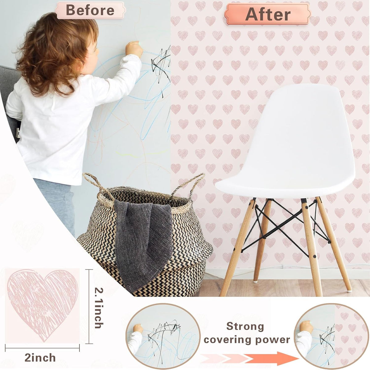 Fititem Pink Peel and Stick Wallpaper Kids Hearts Wall Sticker 17.3”×78.7”