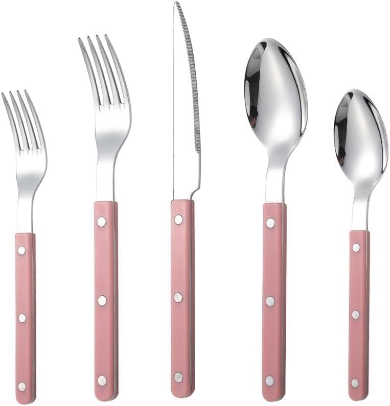 Rivet ABS Clamp Handle Kitchen Stainless Steel Silverware Tableware Flatware Cutlery Set Steak Knife Fork Spoon Teaspoon Western Tableware Butter Knife Set (Pink,5 pieces)