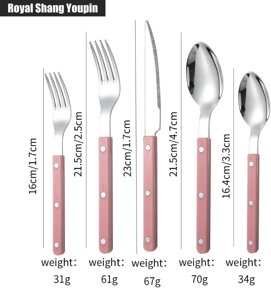 Rivet ABS Clamp Handle Kitchen Stainless Steel Silverware Tableware Flatware Cutlery Set Steak Knife Fork Spoon Teaspoon Western Tableware Butter Knife Set (Pink,5 pieces)