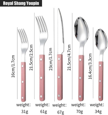 Rivet ABS Clamp Handle Kitchen Stainless Steel Silverware Tableware Flatware Cutlery Set Steak Knife Fork Spoon Teaspoon Western Tableware Butter Knife Set (Pink,5 pieces)