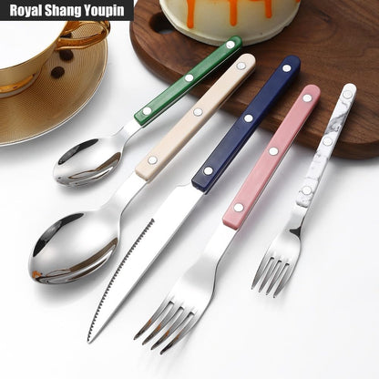 Rivet ABS Clamp Handle Kitchen Stainless Steel Silverware Tableware Flatware Cutlery Set Steak Knife Fork Spoon Teaspoon Western Tableware Butter Knife Set (Pink,5 pieces)