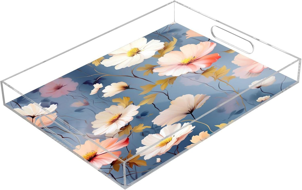 Pink White Flower Acrylic Serving Tray with Handles 12 x 16 Inch, Sturdy Spill-Proof & Non-Slip Decorative Tray for Kitchen Countertop, Bathroom Vanity Organizer, Ottoman Coffee Table