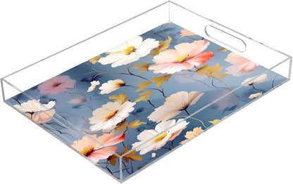 Pink White Flower Acrylic Serving Tray with Handles 12 x 16 Inch, Sturdy Spill-Proof & Non-Slip Decorative Tray for Kitchen Countertop, Bathroom Vanity Organizer, Ottoman Coffee Table