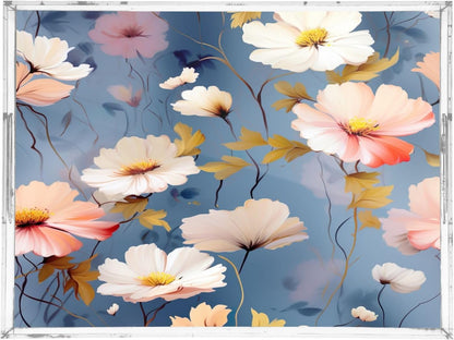 Pink White Flower Acrylic Serving Tray with Handles 12 x 16 Inch, Sturdy Spill-Proof & Non-Slip Decorative Tray for Kitchen Countertop, Bathroom Vanity Organizer, Ottoman Coffee Table