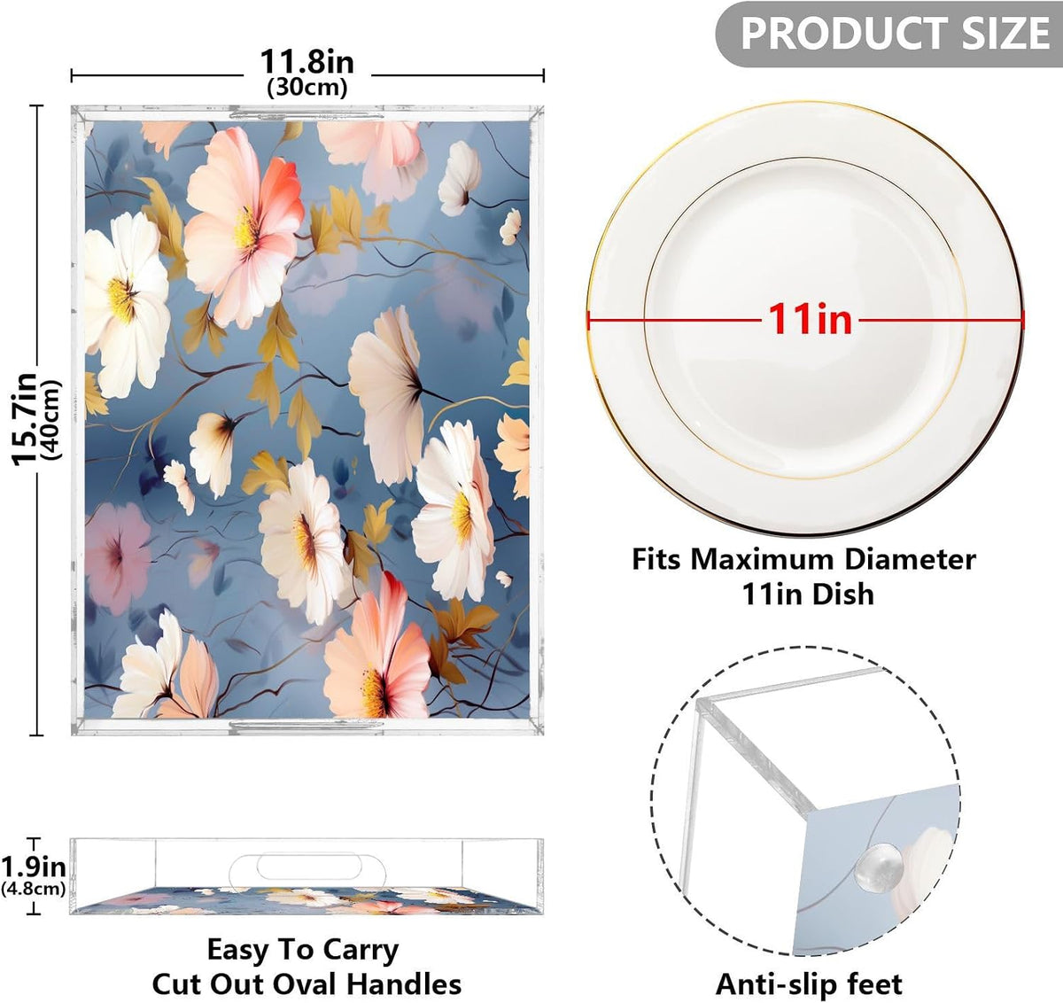 Pink White Flower Acrylic Serving Tray with Handles 12 x 16 Inch, Sturdy Spill-Proof & Non-Slip Decorative Tray for Kitchen Countertop, Bathroom Vanity Organizer, Ottoman Coffee Table
