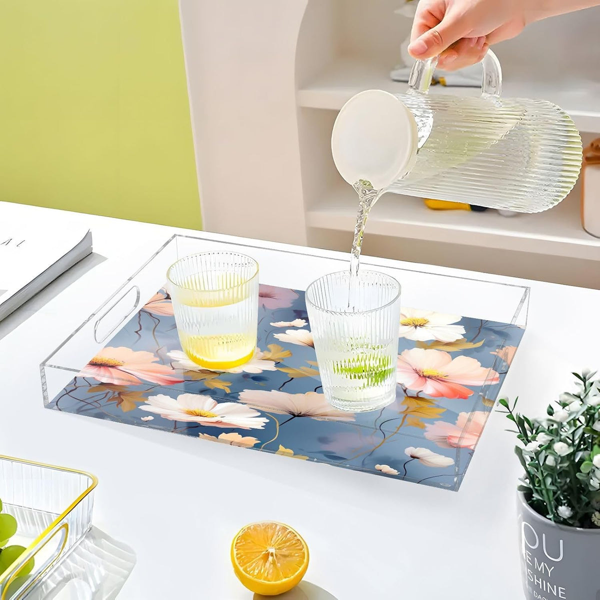 Pink White Flower Acrylic Serving Tray with Handles 12 x 16 Inch, Sturdy Spill-Proof & Non-Slip Decorative Tray for Kitchen Countertop, Bathroom Vanity Organizer, Ottoman Coffee Table