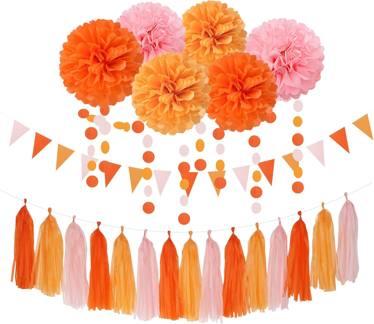 Pink-Orange Groovy Party-Decorations Pom-Poms Streamers - 23pcs Fall Autumn Thanksgiving Harvest Tissue Tassel Garland Banner,Birthday Baby Bridal Shower Engagement Wedding Decor