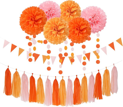 Pink-Orange Groovy Party-Decorations Pom-Poms Streamers - 23pcs Fall Autumn Thanksgiving Harvest Tissue Tassel Garland Banner,Birthday Baby Bridal Shower Engagement Wedding Decor