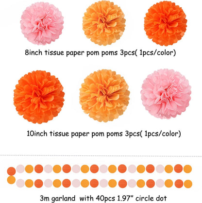 Pink-Orange Groovy Party-Decorations Pom-Poms Streamers - 23pcs Fall Autumn Thanksgiving Harvest Tissue Tassel Garland Banner,Birthday Baby Bridal Shower Engagement Wedding Decor