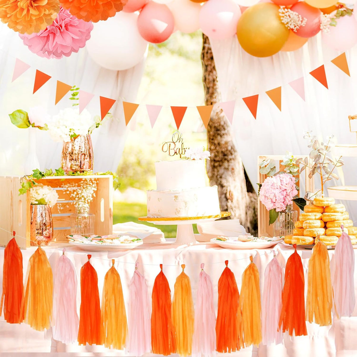 Pink-Orange Groovy Party-Decorations Pom-Poms Streamers - 23pcs Fall Autumn Thanksgiving Harvest Tissue Tassel Garland Banner,Birthday Baby Bridal Shower Engagement Wedding Decor