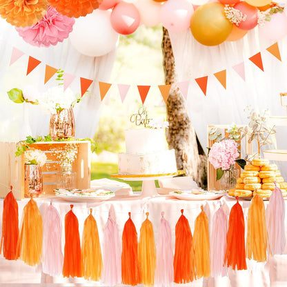 Pink-Orange Groovy Party-Decorations Pom-Poms Streamers - 23pcs Fall Autumn Thanksgiving Harvest Tissue Tassel Garland Banner,Birthday Baby Bridal Shower Engagement Wedding Decor