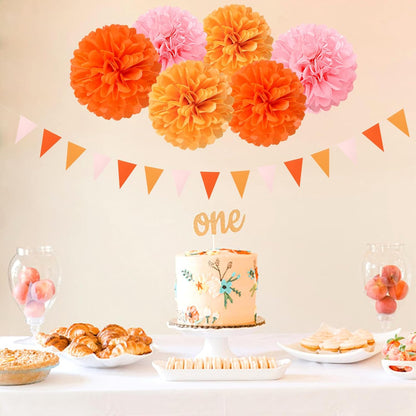 Pink-Orange Groovy Party-Decorations Pom-Poms Streamers - 23pcs Fall Autumn Thanksgiving Harvest Tissue Tassel Garland Banner,Birthday Baby Bridal Shower Engagement Wedding Decor