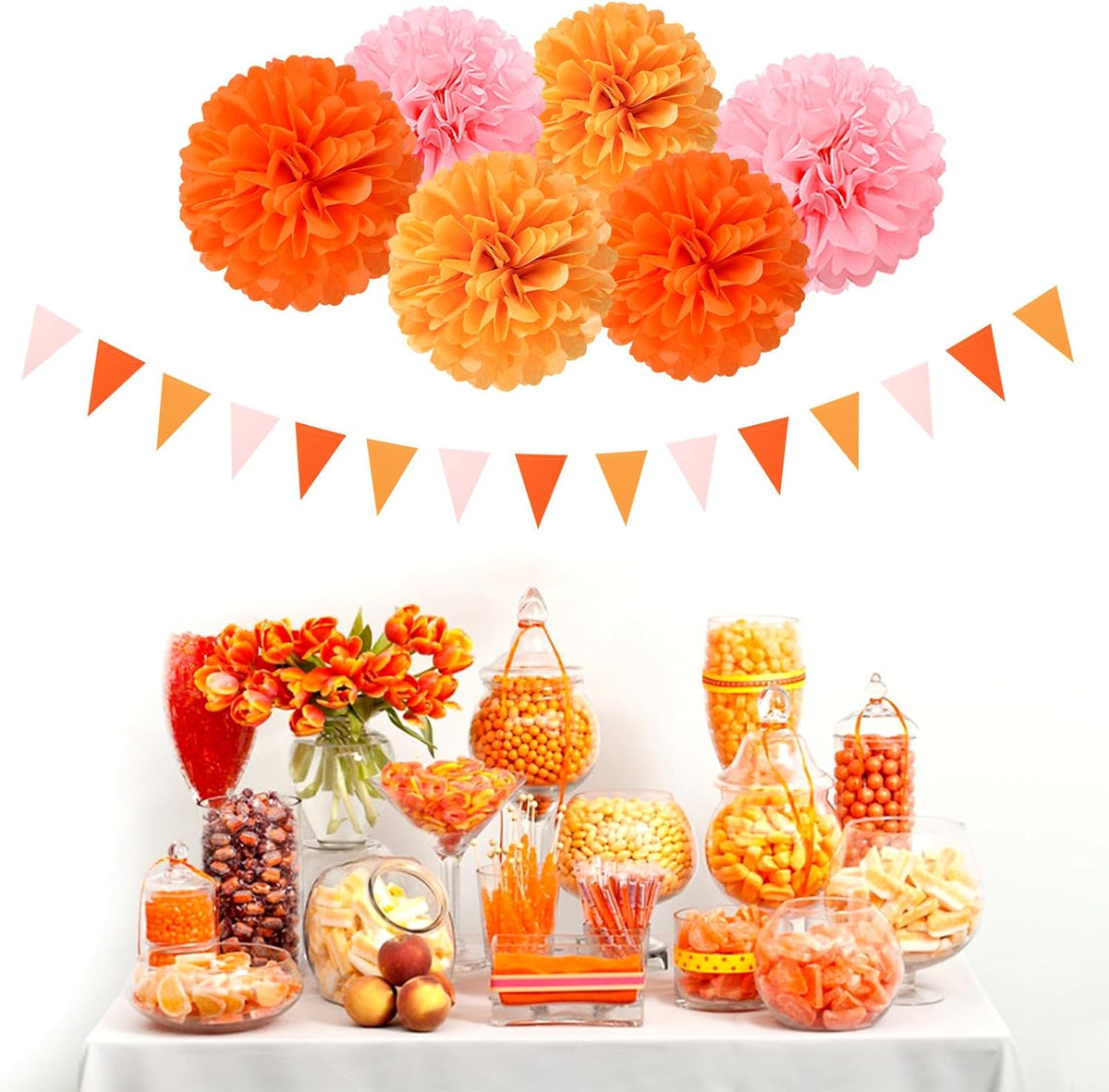 Pink-Orange Groovy Party-Decorations Pom-Poms Streamers - 23pcs Fall Autumn Thanksgiving Harvest Tissue Tassel Garland Banner,Birthday Baby Bridal Shower Engagement Wedding Decor