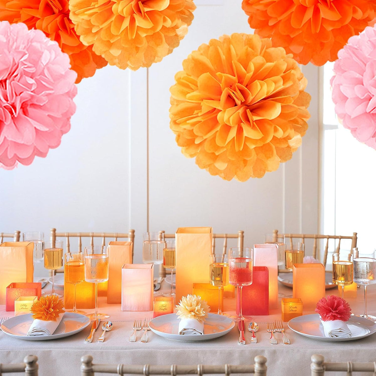 Pink-Orange Groovy Party-Decorations Pom-Poms Streamers - 23pcs Fall Autumn Thanksgiving Harvest Tissue Tassel Garland Banner,Birthday Baby Bridal Shower Engagement Wedding Decor