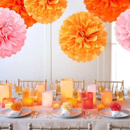 Pink-Orange Groovy Party-Decorations Pom-Poms Streamers - 23pcs Fall Autumn Thanksgiving Harvest Tissue Tassel Garland Banner,Birthday Baby Bridal Shower Engagement Wedding Decor