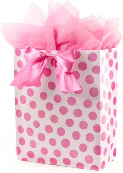 15" Extra Large Gift Bag with Tissue Paper (Pink Polka Dots)
