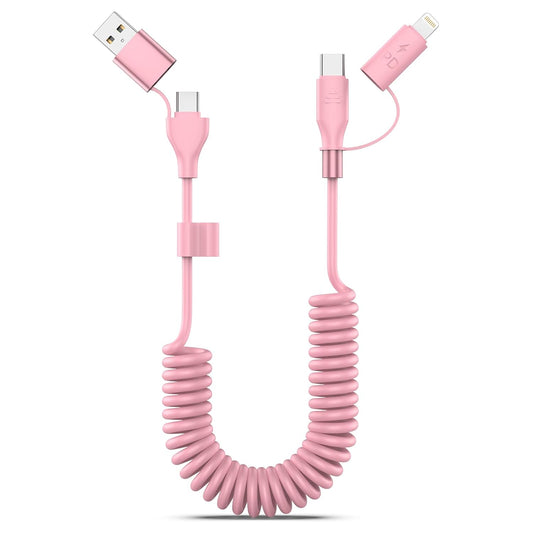 Pink Coiled Car Charging Cable 2-in-1 (USB-C & Lightning), 3FT Cute Car Accessories for iPhone 17/16/15, Samsung Galaxy — Supports Apple CarPlay & Android Auto