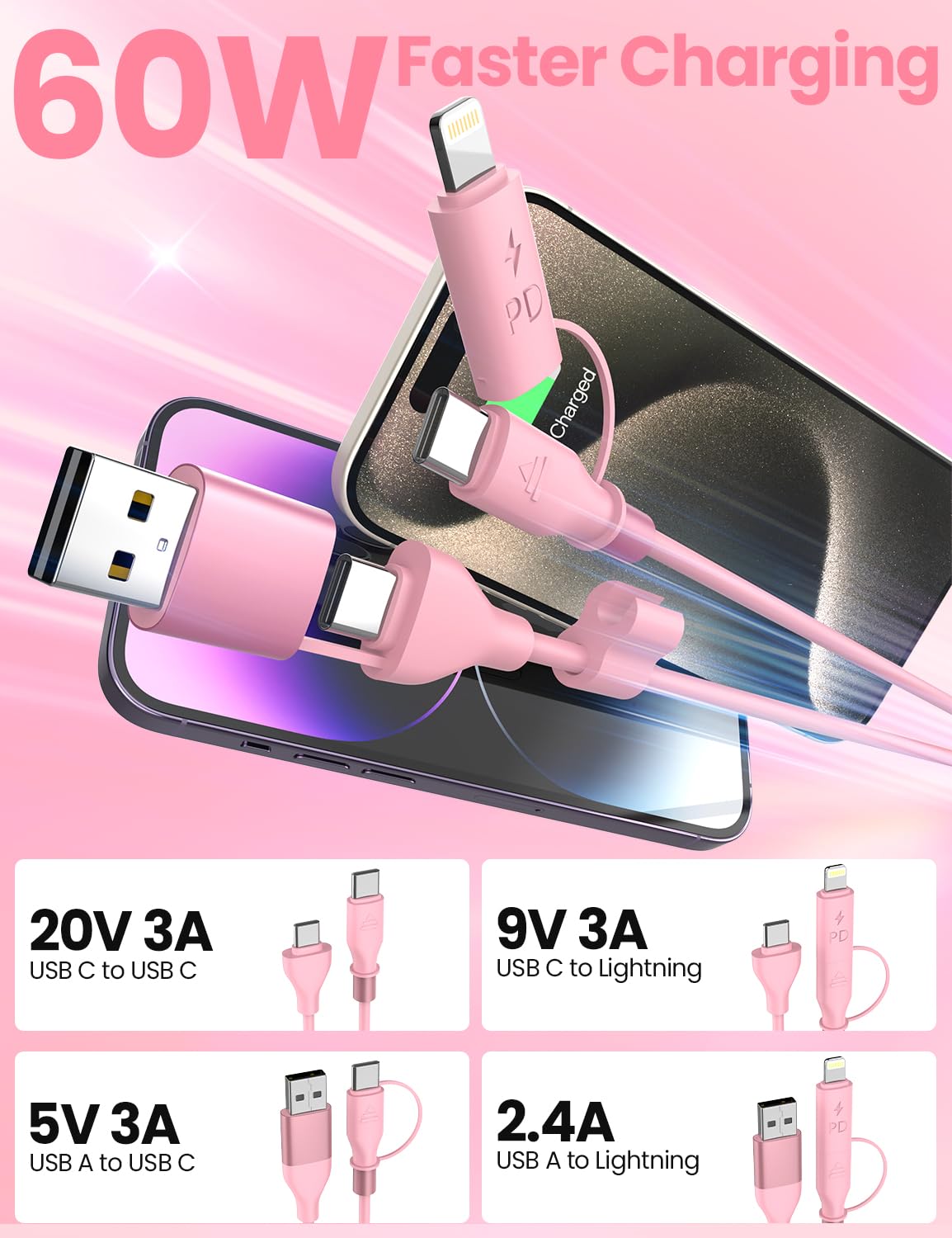 Pink Coiled Car Charging Cable 2-in-1 (USB-C & Lightning), 3FT Cute Car Accessories for iPhone 17/16/15, Samsung Galaxy — Supports Apple CarPlay & Android Auto