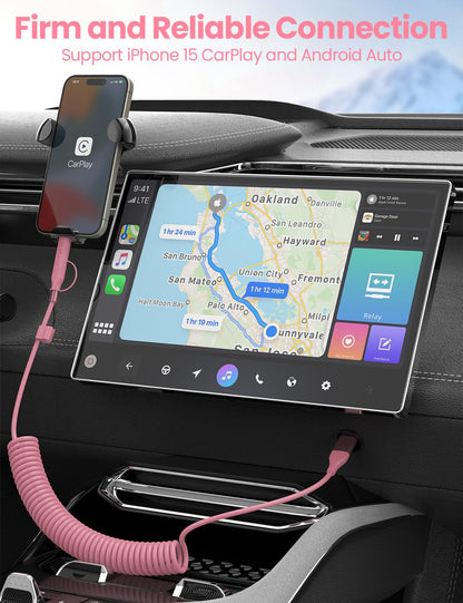 Pink Coiled Car Charging Cable 2-in-1 (USB-C & Lightning), 3FT Cute Car Accessories for iPhone 17/16/15, Samsung Galaxy — Supports Apple CarPlay & Android Auto