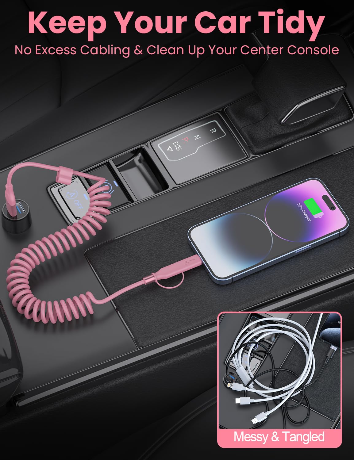 Pink Coiled Car Charging Cable 2-in-1 (USB-C & Lightning), 3FT Cute Car Accessories for iPhone 17/16/15, Samsung Galaxy — Supports Apple CarPlay & Android Auto