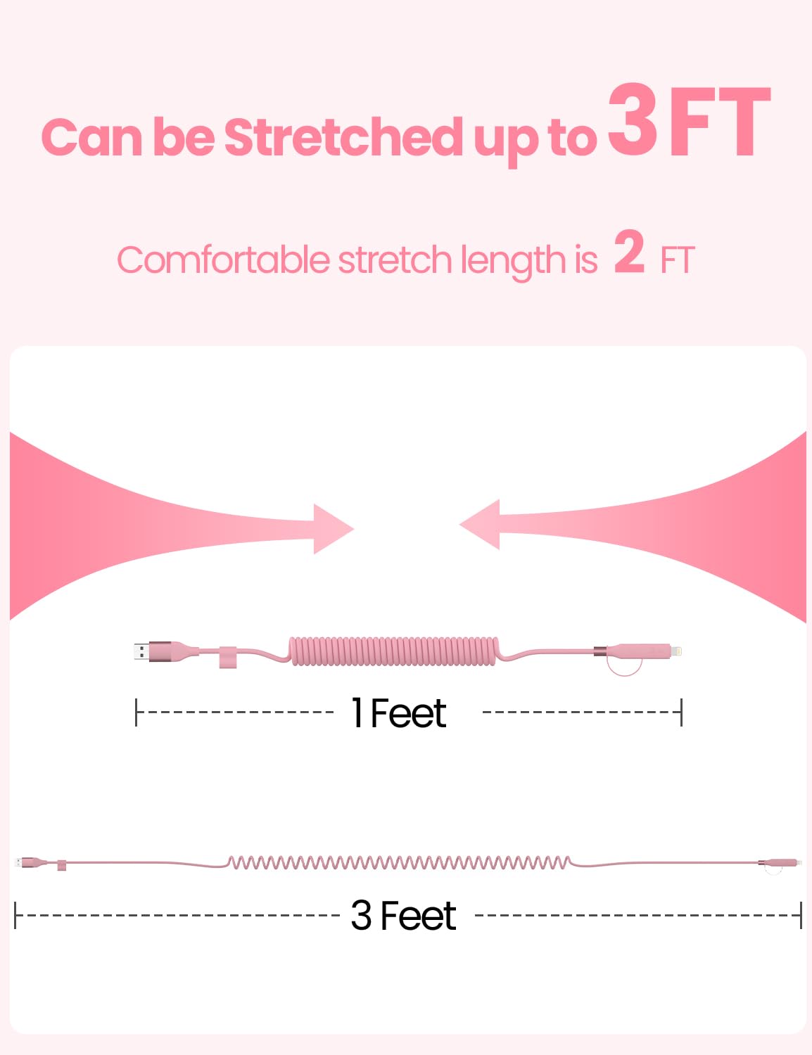 Pink Coiled Car Charging Cable 2-in-1 (USB-C & Lightning), 3FT Cute Car Accessories for iPhone 17/16/15, Samsung Galaxy — Supports Apple CarPlay & Android Auto