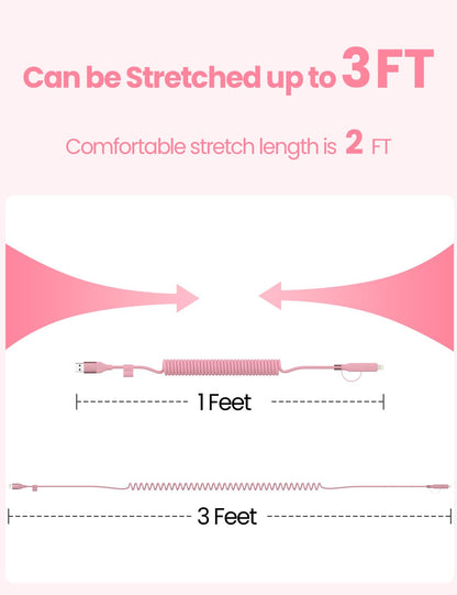 Pink Coiled Car Charging Cable 2-in-1 (USB-C & Lightning), 3FT Cute Car Accessories for iPhone 17/16/15, Samsung Galaxy — Supports Apple CarPlay & Android Auto