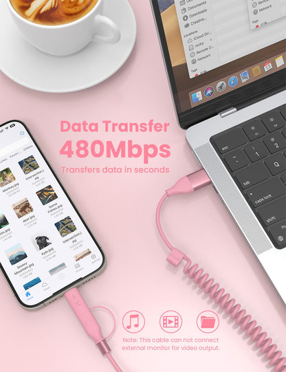 Pink Coiled Car Charging Cable 2-in-1 (USB-C & Lightning), 3FT Cute Car Accessories for iPhone 17/16/15, Samsung Galaxy — Supports Apple CarPlay & Android Auto